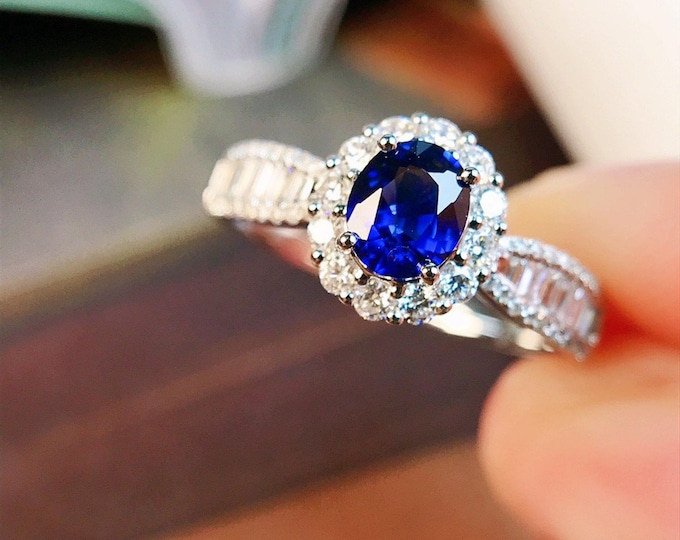 18k white gold natural royal blue sapphire engagement ring/Diamond halo blue sapphire ring/Unique Half eternity sapphire anniversary ring