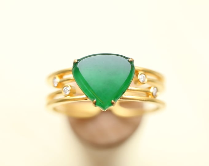 Real 18k Solid White Gold Natural Myanmar Green Jadeite Jade ring with diamonds and Rubies/Untreated Gold Jade Ring/Engagement Wedding Ring