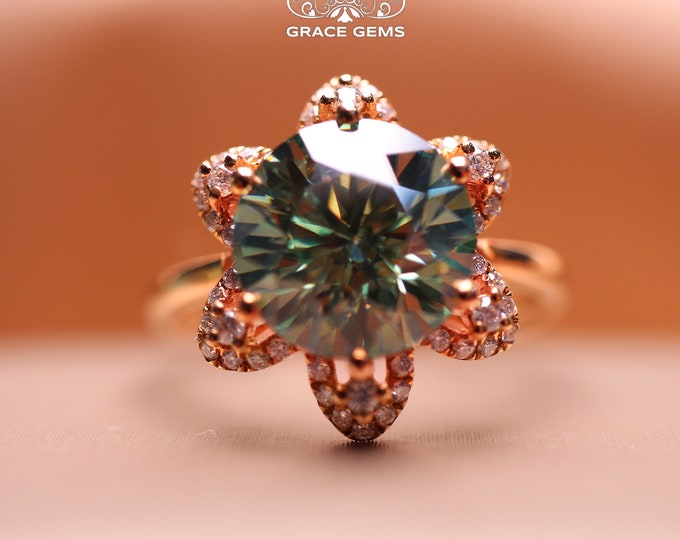 18k solid gold Flower-shape green Moissanite Ring VVS Solitaire 2CT big gem engagement wedding ring/Promise Lab Grown stone eternal gift