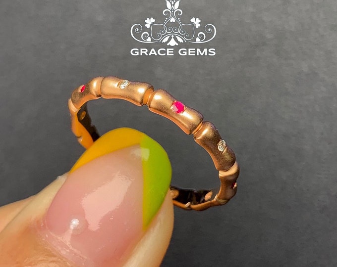 Minimalist natural ruby engagement wedding band in solid 18k gold with diamonds/Vintage Unique Celtic custom gift/Delicate promise gift