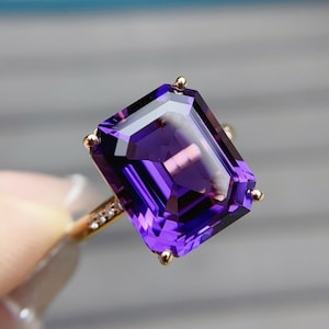 18k rose gold emerald cut natural amethyst ring/Amethyst engagement ring with diamonds/Unique Art Deco amethyst ring/February birthstone