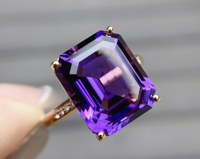 18k rose gold emerald cut natural amethyst ring/Amethyst engagement ring with diamonds/Unique Art Deco amethyst ring/February birthstone