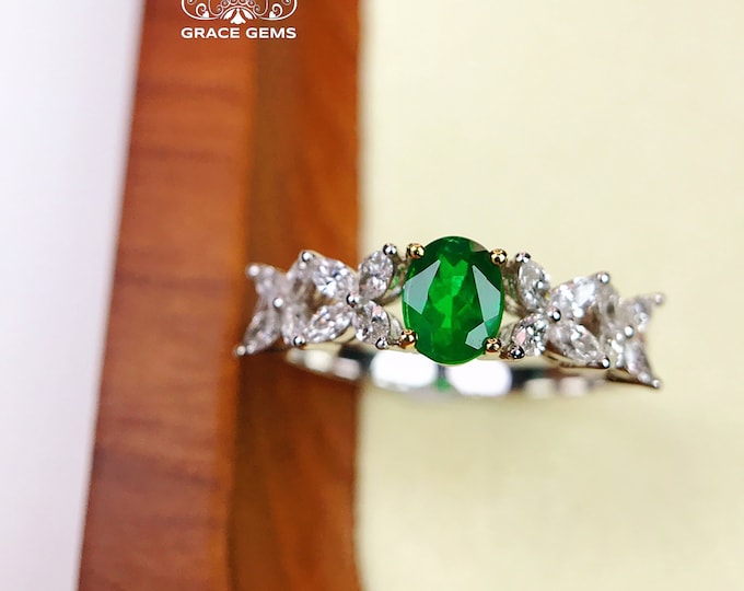18K Solid Genuine Certified Columbian Emerald Engagement Wedding Ring with diamonds/Emerald Classic ring/One of a Kind gift/Art Deco gift