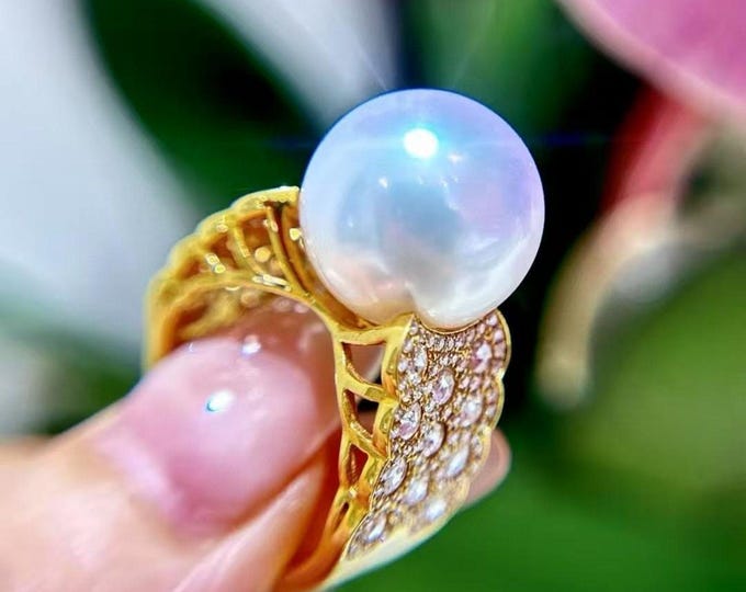 14mm 18k gold Natural Japanese Akoya Sea Pearl Ring/Engagement wedding pearl ring with diamond halo band/Certified Pear handmade women