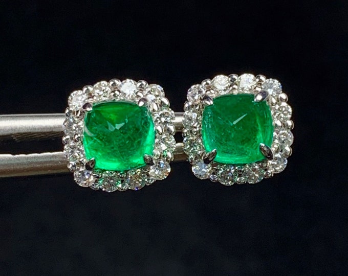 Genuine Zambia emerald studs in 18k solid white gold with diamond halo/Diamond halo emerald earrings/Unique quality handmade emerald jewelry