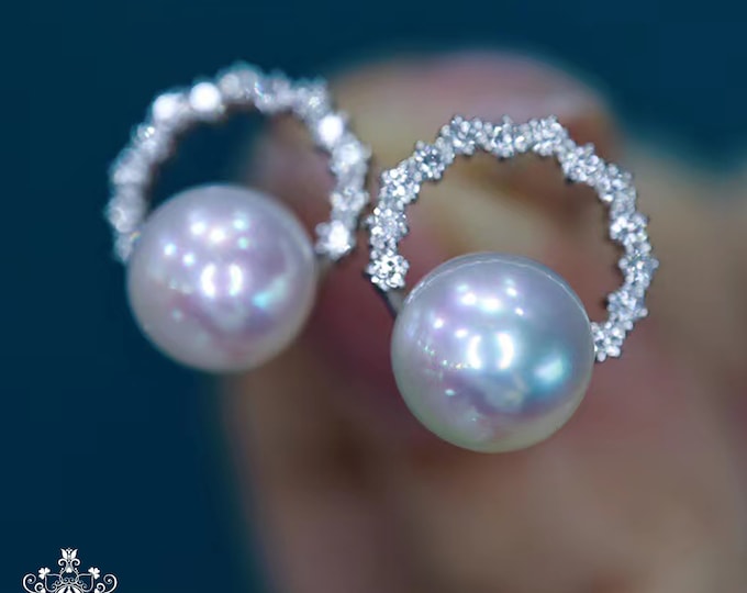 7mm 18k gold Top Class Natural Japanese Akoya Sea Pearl Earrings/Pearl earrings with diamonds/Certified Pear handmade earrings anniversary