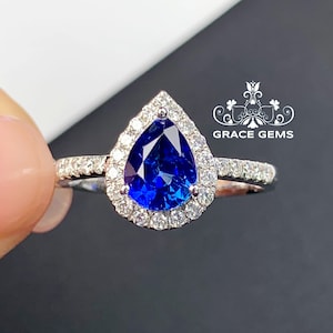 18k Pear Natural sapphire rings/Diamond halo half eternity wedding ring/Handmade vintage antique ring for women/Classic Stacking bridal set