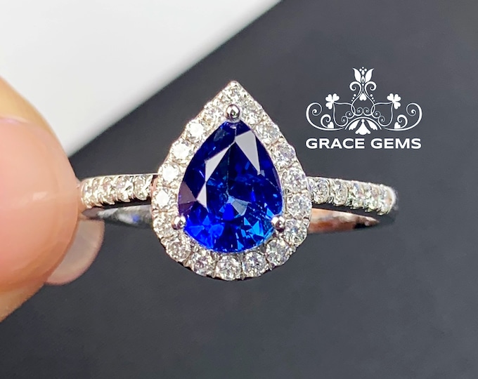 Luxury Pear Natural royal blue sapphire rings/18k white gold Engagement ring/celestial ring/New mom jewelry/Stacking Ring/Couple ring women