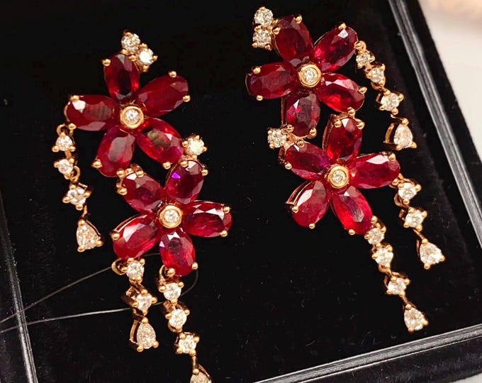 Statement luxury natural pigeon blood red ruby floral cluster drop earring, 18k solid gold fine ruby earring for women