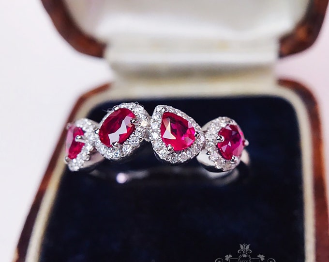 Natural Mozambique ruby ring/Multi Stone Engagement Ring/Cluster ruby ring/18k ruby ring/art deco ring ruby/genuine ruby ring gift for her