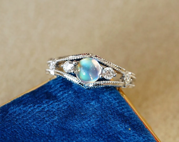 18k white gold vintage genuine Moonstone ring/Celtic Viking Engagement Wedding moonstone Ring with diamond/6X6mm double color Gem /bridal