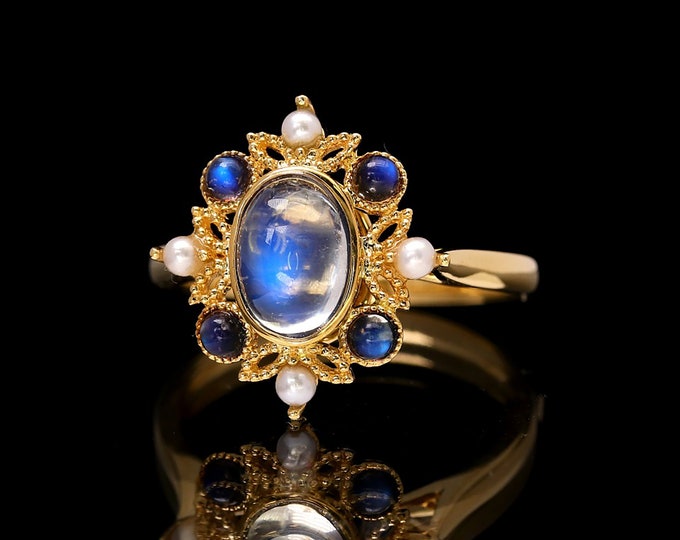 18k Yellow Gold Moonstone Engagement Ring with Sea Pearls/Eternity halo diamond band/6X8mm Color changing Wedding gift/Unique Viking ring
