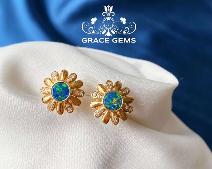 Genuine Australian Natural Opal Round cut Studs in 18k rose gold/Sunflower opal earrings /Fire Opal earrings/Unique Opal Doublet dangler