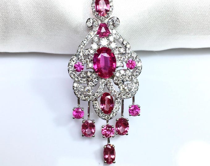 Luxury Pink Ruby Chandelier Pendant: 18k White  Gold Wedding Ruby Necklace/investment ruby, pigeon blood ruby,c ertified ruby,rare ruby-AIGS