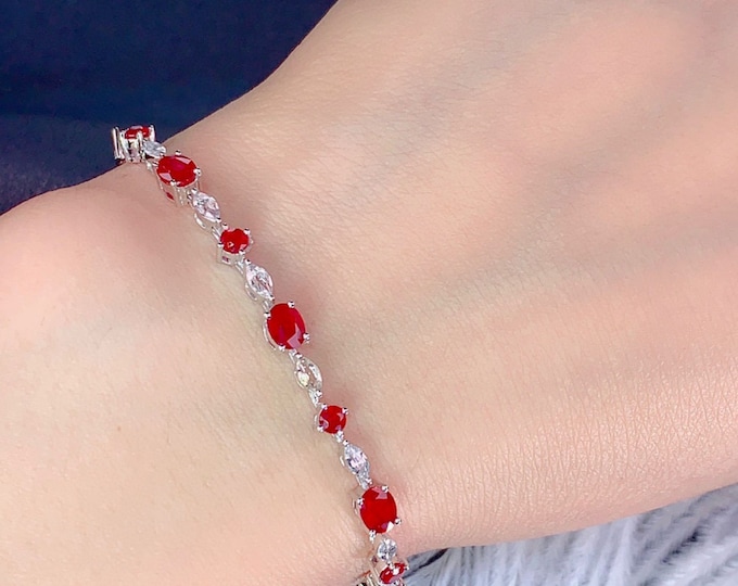 Genuine Ruby Bracelet in 18K white Gold and white sapphires/Unique Natural ruby bracelet/Anniversary ruby jewelry/Handmade ruby gift women