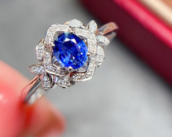Natural Blue Sapphire Engagement Ring, 18K Gold Sapphire Ring, Cornflower Blue Sapphire & Diamond Art Deco Ring, Unique Solitaire Fine Jewel
