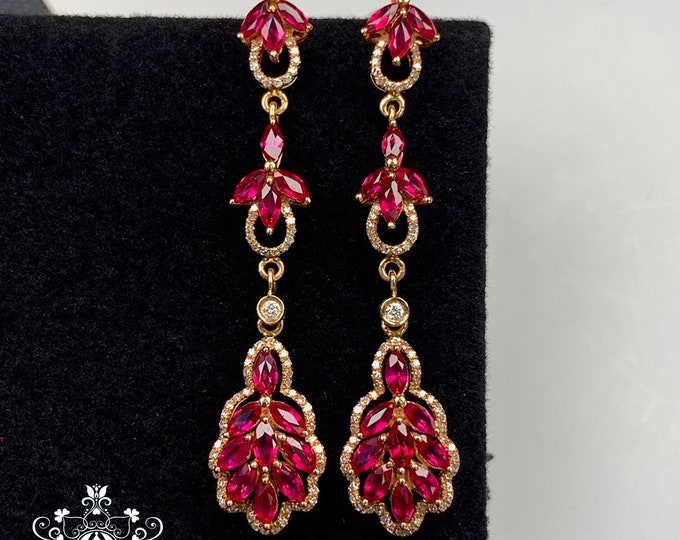 Luxurious Vintage natural Ruby Engagement earings in 18k/14k rose gold/Star Ruby earrings/ Raw ruby earrings/Wedding ruby with diamonds