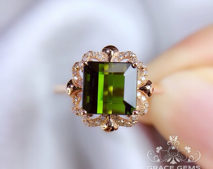 Top class 18k solid rose gold 7.4X7.1mm vivid green genuine tourmaline engagement wedding ring with diamonds/Art Deco/Promise gift for her