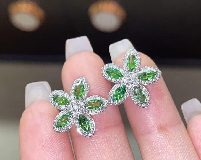 18k white gold natural Tsavorite studs with Diamonds/Engagement Tsavorite earrings/Green Garnet stone/Art Deco Boho Unique Promise studs