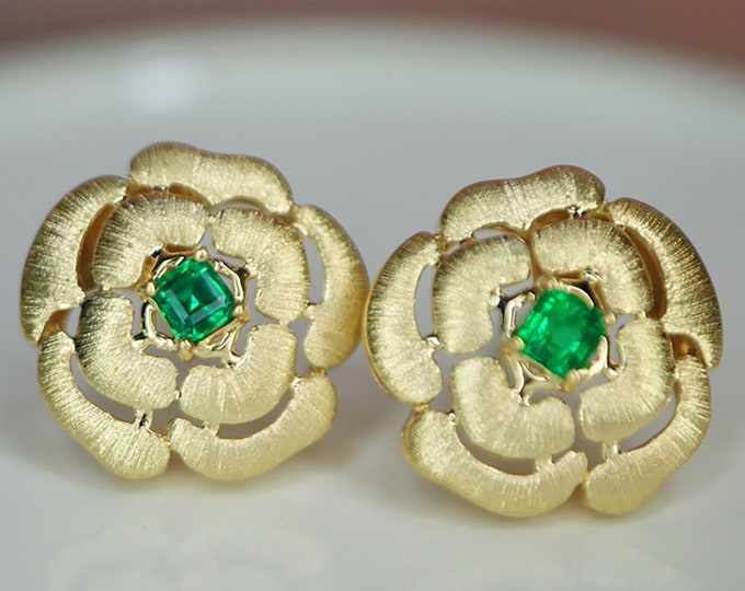 18k gold Sandblast Zambia natural emerald studs/Unique Designer Victoria Viking jewelry/Birthstone Anniversary gift for mother/Best friend