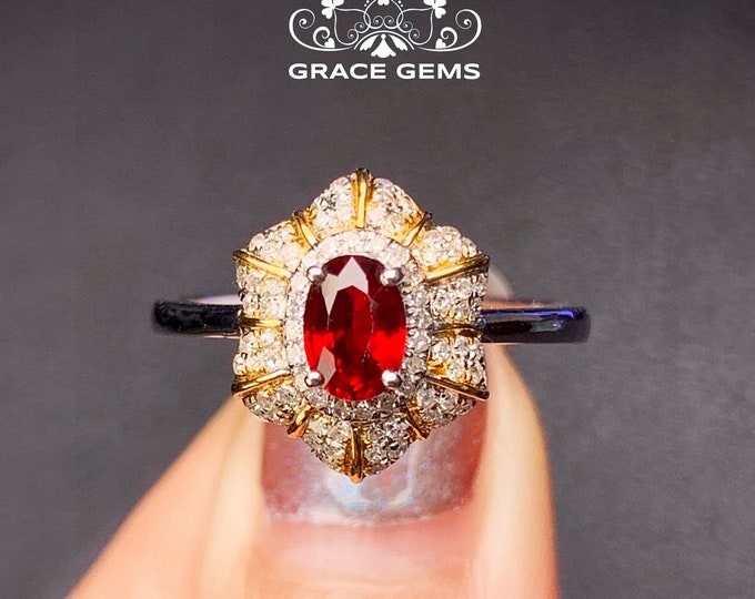 18K Rose Gold ruby ring/Natural Engagement Ring with Diamonds/halo ruby wedding ring/Vintage Handmade jewelry ring for women Bridal set/boho