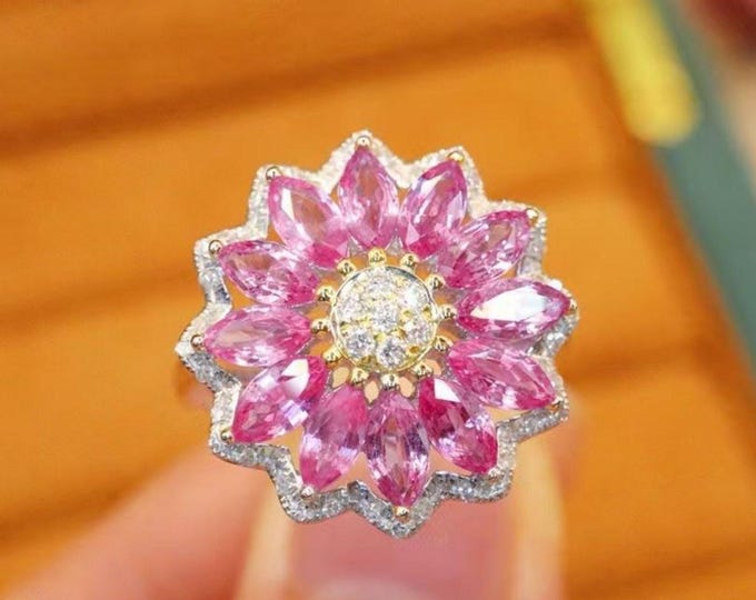 Unique floral natural pink sapphire ring in 18k rose gold engagement ring women anniversary wedding jewelry graduation ring mother's day