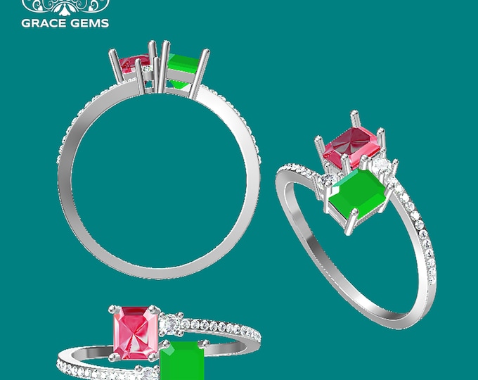 4.5X6mm 18k white Gold Genuine Emerald Ruby ring/Cluster Certified Emerald Ruby Multi stone Engagement Wedding Ring & diamond/Vintage Halo