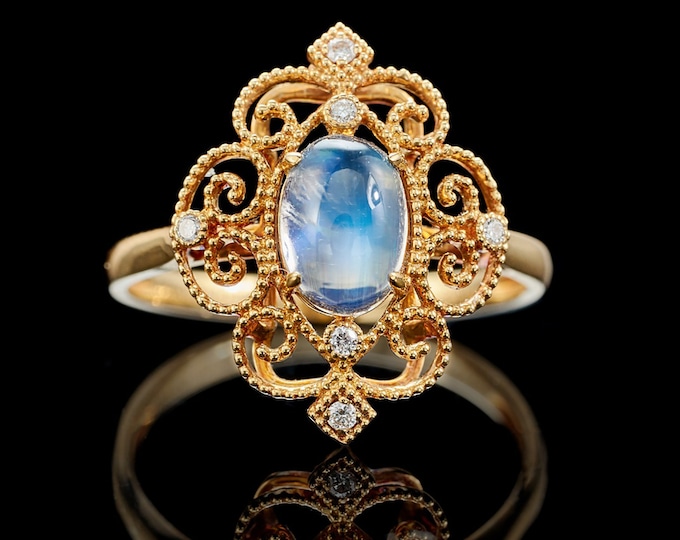 18k Yellow Gold  Moonstone Engagement Ring/Eternity halo diamond band/6X8mm Color changing Wedding ring/Unique Viking Ring/Handmade Art Deco