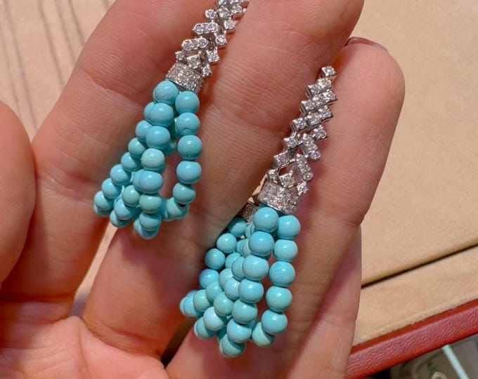 Real natural Turquoise beaded dangle in 18k solid gold diamonds/Cabochon natural turquoise earrings women/unique handmade fine jewelry