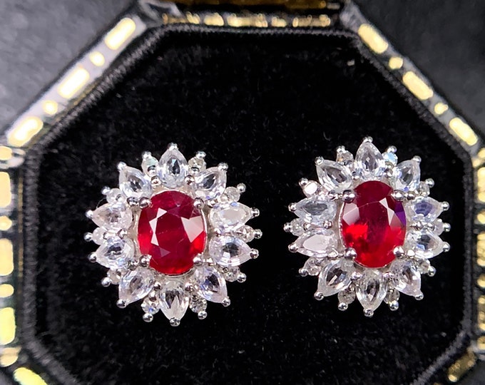 18k white gold natural Mozambique ruby earrings with White sapphire halo and diamonds/Certified genuine ruby studs/Unique Viking earrings