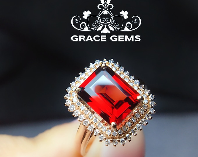 Solid 18k gold Pigeon Blood Genuine Bohemian Garnet ring/Engagement Wedding band with Diamonds/Garnet stone/Natural garnet ring/Art Deco