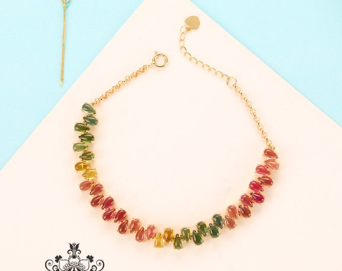 Multi-color Tourmaline bracelet in solid 18k14k gold with yellow Sapphire/Dainty handmade gemstone bracelet/Rubellite quarts/Birthstone gift