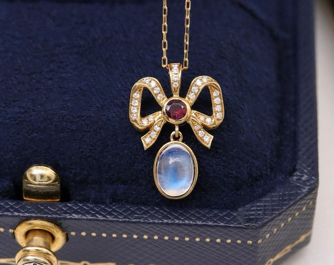 Unique Natural moonstone Pendant in 18k yellow Gold with moonstone accents/Anniversary Birthday Choker/Gift for her/Custom fine Jewelry gift