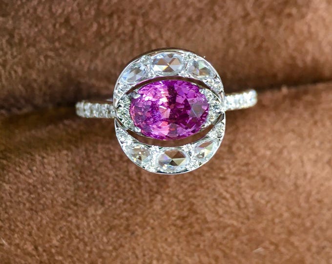 Luxury natural pink sapphire Padparadscha Ring: Diamond Halo with white sapphires, 18k white gold pink sapphire engagement ring/anniversary
