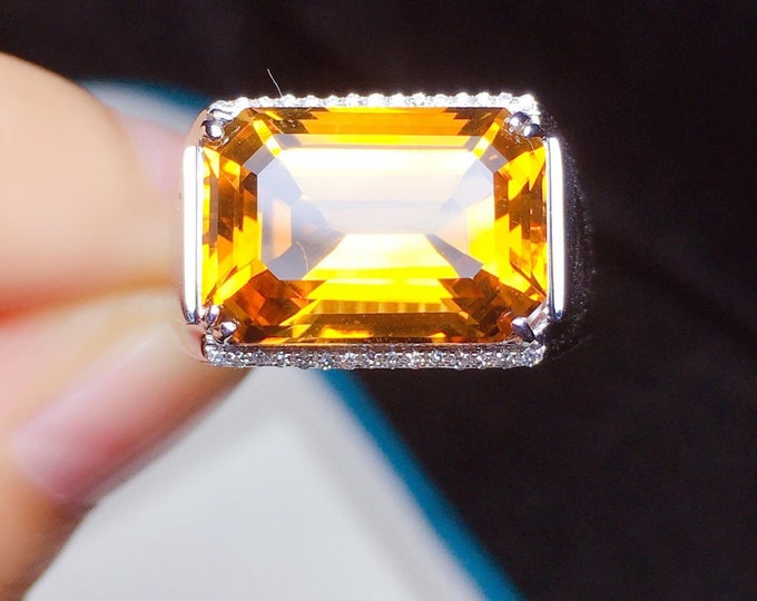 18k rose gold natural Citrine men's ring/Emerald cut citrine ring/Birthstone Boho citrine ring/Gold diamond halo citrine ring men's/Handmade