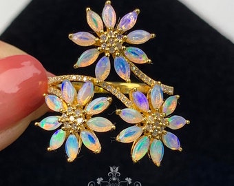 Australian Opal Flower Ring/14k/18k Gold Diamond Marquise Ring/Birthstone opal jewelry.Boho opal custom ring/Handmade opal fine ring jewelry