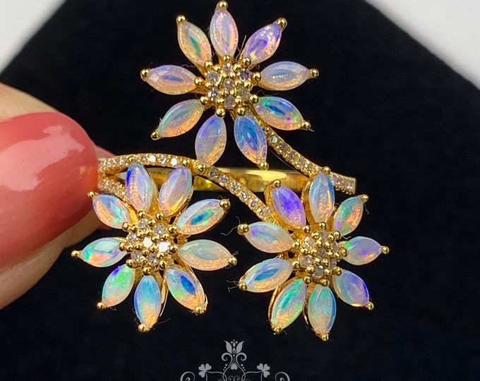 Real Australian opal engagement ring/18k gold and diamond opal ring/Art Deco opal ring/flora opal promise ring/Unique custom opal ring