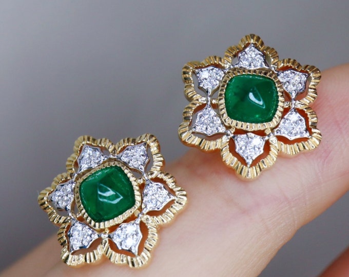 18k gold Zambia natural emerald studs/Multi-stone emerald earrings with diamonds/Victoria Viking jewelry/Unique Birthstone Anniversary gift