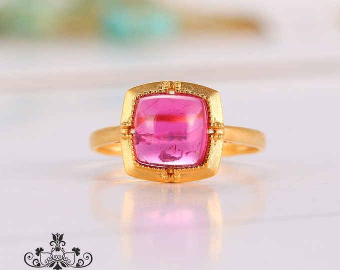 18k/14k yellow gold natural  pink tourmaline engagement wedding ring with diamonds/one of a kind/Art Deco/Oct. birthstone/promise ring gift