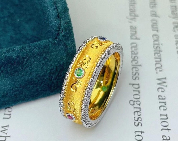 Unique Buchelati 18k gold wedding band/Ruby sapphire emerald wedding band/Vintage wedding band/Natural gem stacking band/stackable band gold