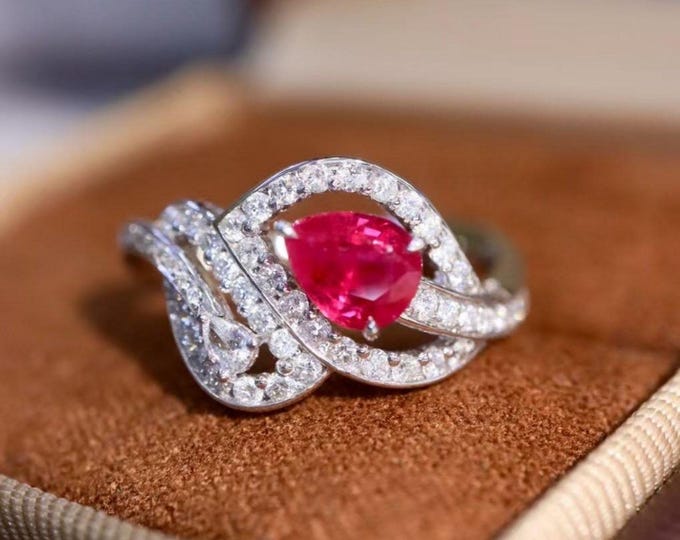 Unique natural ruby ring in 18k white gold/Authentic Ruby Engagement Ring with accent Diamonds/halo Vintage Handmade jewelry ring for women