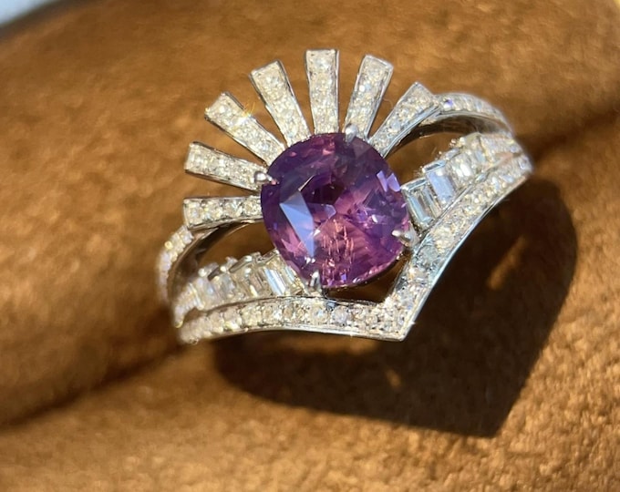 18k white Gold Certified Natural Padparadscha Purple Sapphire Engagement Ring with Diamond/Levander sapphire gemstone/Vintage Art Deco