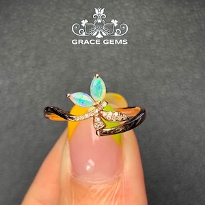Cluster Marquise Natural Australian Opal Ring in 18k Rose Gold with Diamond/Mexican Fire Opal/Boulder Opal/Opal Engagement ring/Fire Opal