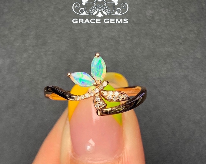 Cluster Marquise Natural Australian Opal Ring in 18k Rose Gold with Diamond/Mexican Fire Opal/Boulder Opal/Opal Engagement ring/Fire Opal