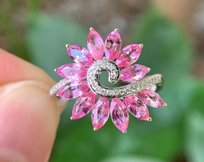18k/14k white gold multi-stone Genuine Padparadscha sapphire engagement ring with diamonds/Pink gemstone/Vintage Antique/Art Deco/Celtic