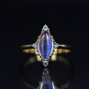 18k Marquise Moonstone Engagement Ring/Eternity halo diamond band/5X10mm Color change Gem Wedding ring/Vintage Antique Edward/Handmade women