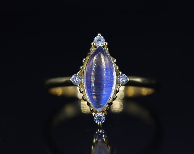 18k Marquise Moonstone Engagement Ring/Eternity halo diamond band/5X10mm Color change Gem Wedding ring/Vintage Antique Edward/Handmade women