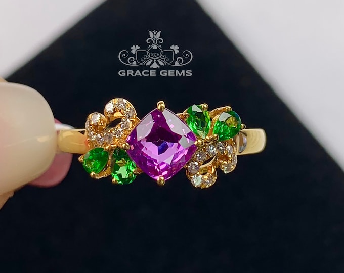 Multi-stone flower 18k14k rose gold pink sapphire engagement ring with natural diamonds and Travorties/Blue gemstone/Vintage Antique/Art