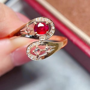 Flower Natural Mozambique pigeon blood red ruby ring/18k rose gold with diamond/antique style ruby ring jewelry for her/Unique jewelry women