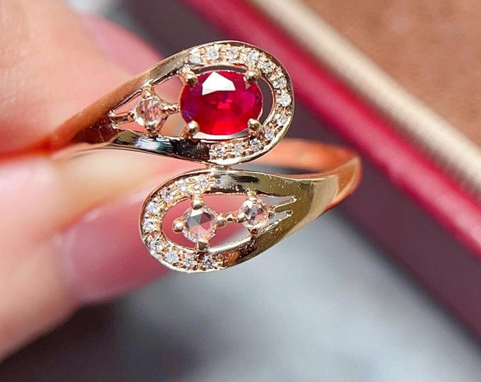 Flower Natural Mozambique pigeon blood red ruby ring/18k rose gold with diamond/antique style ruby ring jewelry for her/Unique jewelry women